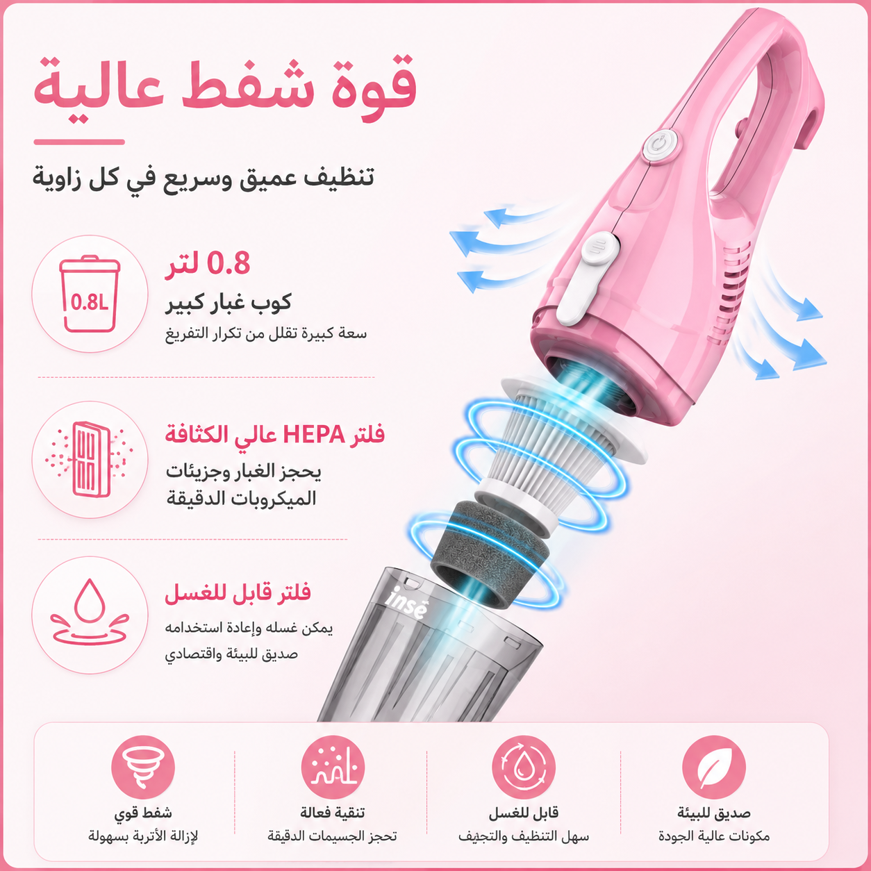 مكنسة كهربائية INSE R3S، مجموعة من 9 ملحقات، تتضمن سلكًا بطول 5 أمتار، وفرشاة تنظيف عصا، وفرشاة تنظيف يدوية، متعددة الاستخدامات، مناسبة للأجهزة اليابانية، 400 واط، قوة شفط عالية 16000 باسكال، خفيفة الوزن للغاية، تدوم طويلًا.